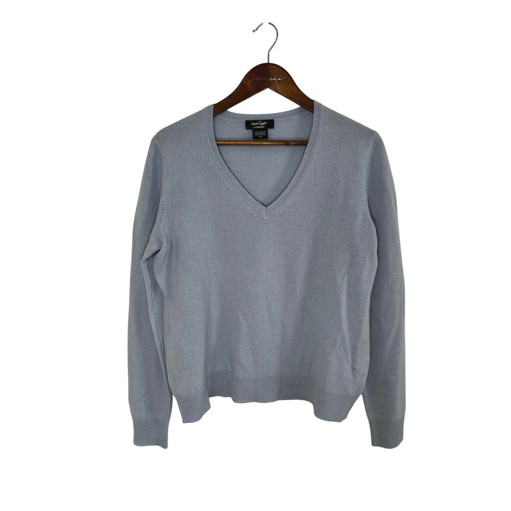 Lord and Taylor 100% Cashmere Light Blue V Neck Sweater Quiet Luxury Cozy Soft